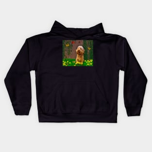 Cavapoo Cavoodle puppy among dandelions - cute cavalier King Charles spaniel Kids Hoodie